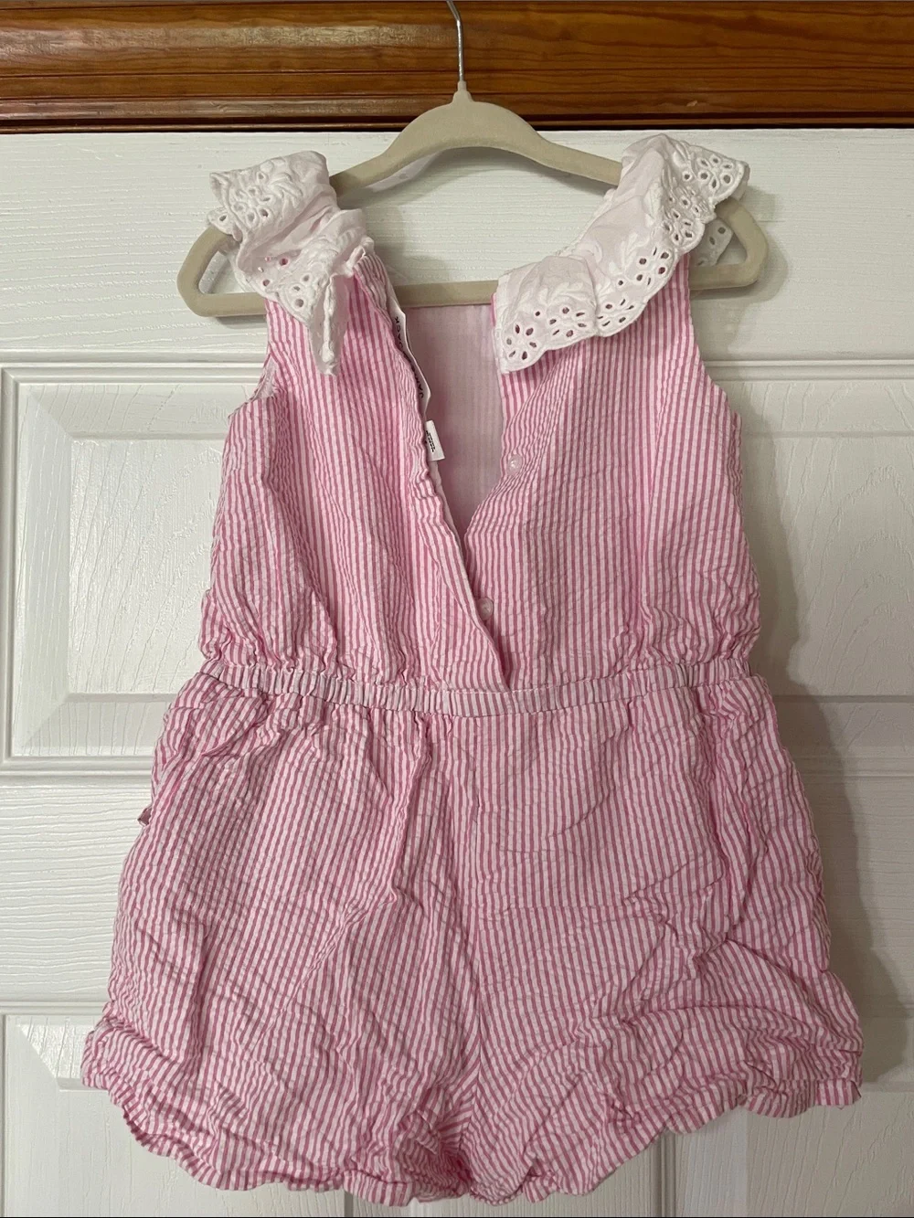 Janie and Jack Pink Seersucker Romper with Eyelet Collar